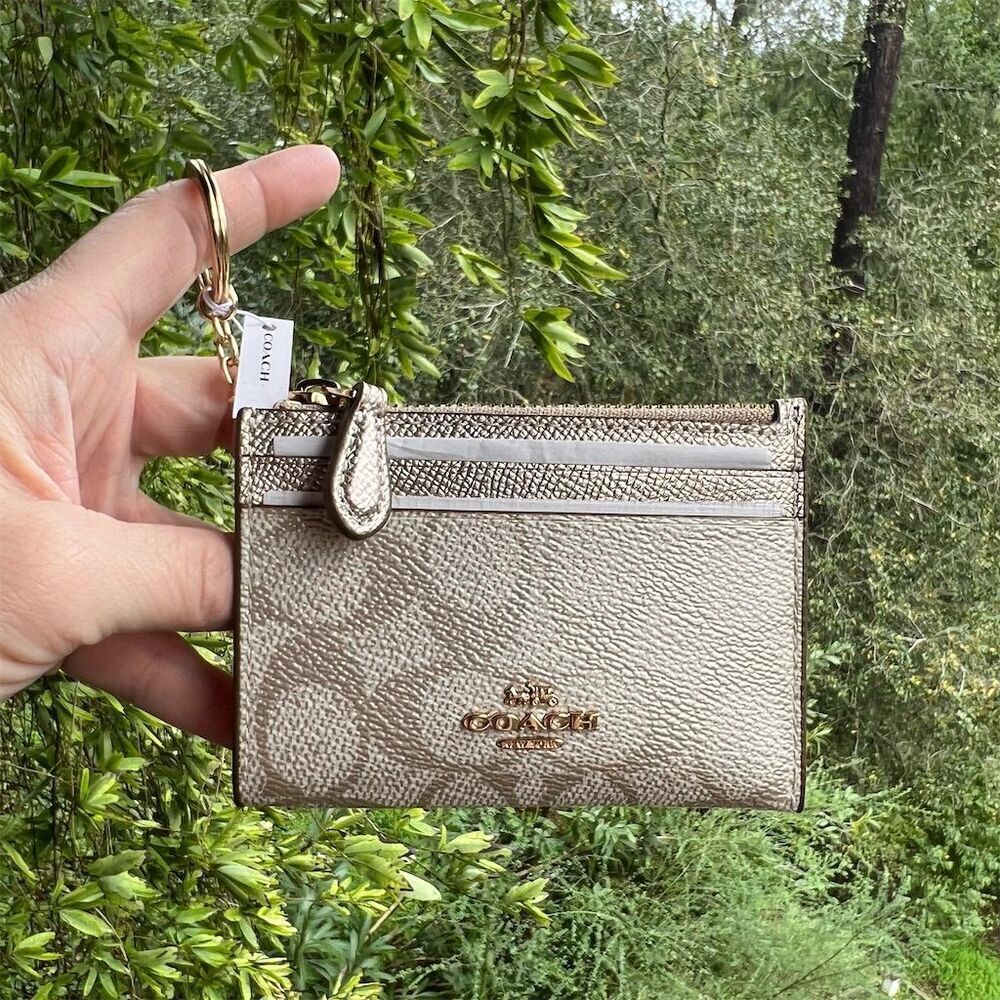 COACH Mini Skinny ID Case Keychain Cardholder Wallet Gold/Champaign Multi NWT